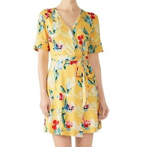 Alexia Admor Floral Print V-Neck Short Sleeve Faux Wrap Mini Dress Yellow Sz 8